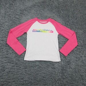 New Balance Shirt Girls Medium 10/12 White Pink Graphic Raglan Long Sleeve Tee